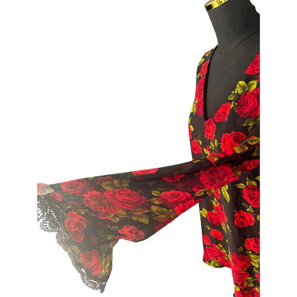 Forever 21 Black & Red Rose Bell Sleeve Top with Lace, Size Small - Picture 3 of 5